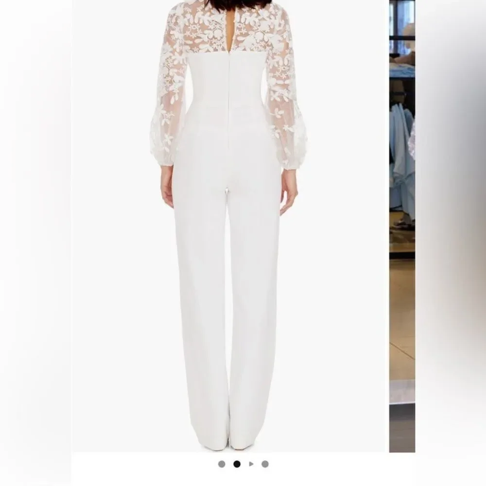 Dress the Population Mila Long Sleeve White Lace Jumpsuit 3d flowers - Picture 3 of 14